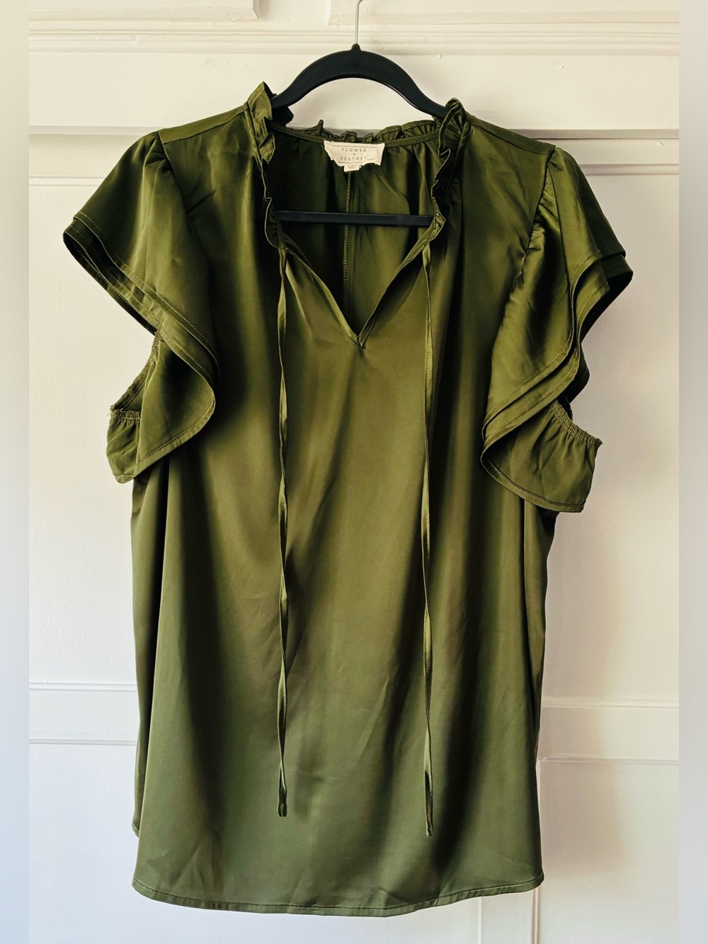 Flower & Feather Olive Ruffle Sleeve Women's Top